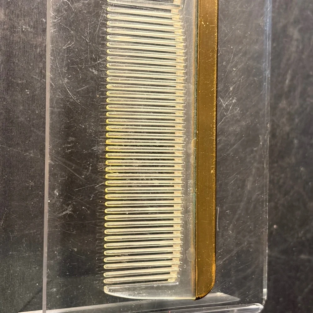 Vintage Lucite Hair Comb Gold Tone Metal Spine Clear Acrylic Made in USA 7 Inch